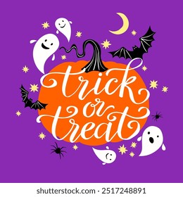 Trick or treat lettering, flying bats, ghost, pumpkin  Halloween card vector cartoon illustration.