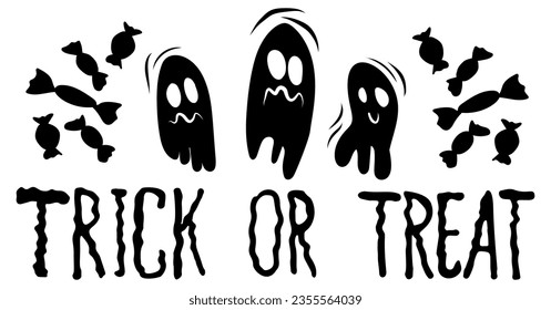 Trick or treat lettering, ghost, candy on white background. Festive inscription for banner. Halloween poster, greeting card, party invitation. Vector illustration.