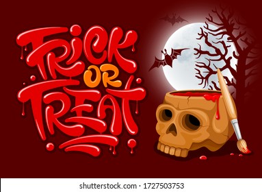 Trick or Treat lettering for Halloween celebration. Unusual inscription, drawn by blood or red paint out of skull. Full moon and bat silhouettes on background. Vector illustration. Trick or Treat lettering for Halloween celebration. Unusual inscription, drawn by blood or red paint out of skull. Full moon and bat silhouettes on background. Vector illustration.