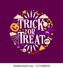 Trick or treat lettering with halloween element, halloween greeting vector template