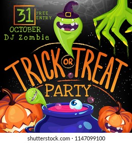 Trick or treat Lettering Halloween Party vector illustration with pumpkin, ghost, zombie, magic pot. Can use for party invitation, greeting card, banner, web.