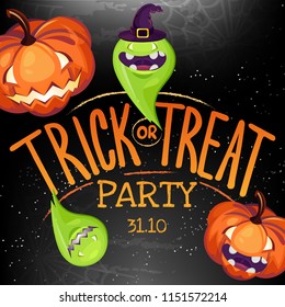 Trick or treat Lettering Halloween Party vector illustration with pumpkin and ghost. Can use for party invitation, greeting card, banner, web.