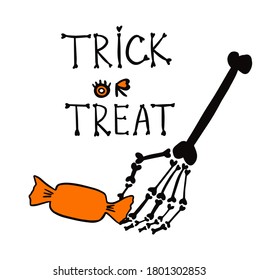 Trick or treat lettering. Halloween traditional quote. Day of the dead. Dia de los muertos. Floral Decorated skull. Vector illustration. Doodle element for logo, label, emblem, sign, poster, t shirt