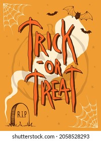 Trick or treat lettering with hand drawn halloween design elements. Vector illustration for banner, poster, greeting card, party invitation