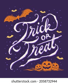 Trick or treat lettering with hand drawn halloween design elements. Vector illustration for banner, poster, greeting card, party invitation