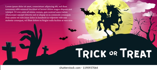 Trick or Treat lettering with headless horseman and moon. Invitation or advertising design. Typed text, calligraphy. For leaflets, brochures, invitations, posters or banners.