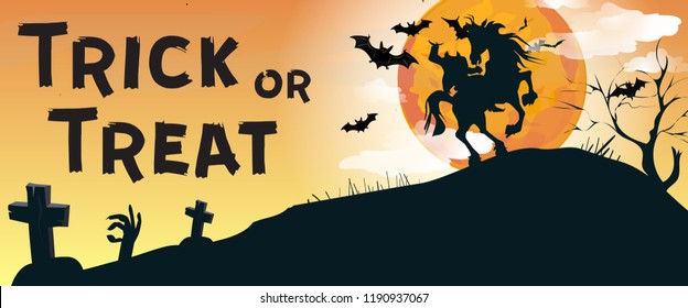 Trick or Treat lettering with Headless Horseman and graveyard. Invitation or advertising design. Typed text, calligraphy. For leaflets, brochures, invitations, posters or banners.