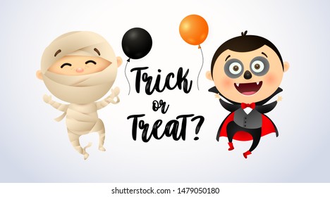 Trick or Treat lettering with kids in mummy and Dracula costumes. Halloween party invitation or advertising design. Handwritten text, calligraphy. For leaflets, brochures, posters or banners.