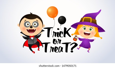 Trick or Treat lettering with kids in witch and Dracula costumes. Halloween party invitation or advertising design. Handwritten text, calligraphy. For leaflets, brochures, posters or banners.