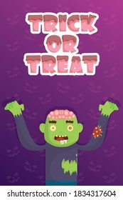 trick of treat lettering with little zombie vector illustration design