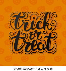 Trick or Treat lettering on abstract background with pumpkins. Vector template for Halloween greeting cards, invitations and promo banners.