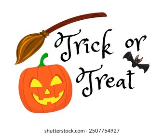 Trick or treat lettering with pumpkin, bat and magic broom