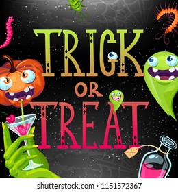 Trick or treat Lettering with pumpkin, ghost, zombie hand with cocktail. Vector illustration Eps 10.  Can use for party invitation, greeting card, banner, web.