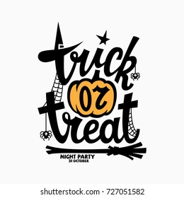 Trick or treat lettering with a pumpkin for halloween party invitation, poster, banner, card. Vector illustration.