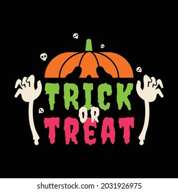 Trick or treat lettering with pumpkin, skull and hand background vector design