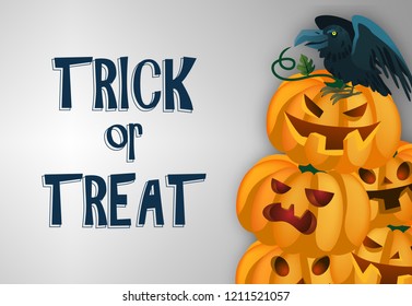 Trick or Treat lettering with pumpkins and crow. Invitation or advertising design. Typed text, calligraphy. For leaflets, brochures, invitations, posters or banners.
