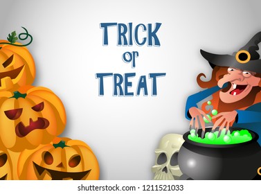 Trick or Treat lettering, pumpkins and witch preparing potion. Invitation or advertising design. Typed text, calligraphy. For leaflets, brochures, invitations, posters or banners.