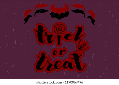 Trick or Treat lettering with red stroke and purple textured background. Design for holiday greeting card, banner, poster. Trick or treat handwritten halloween greeting card.