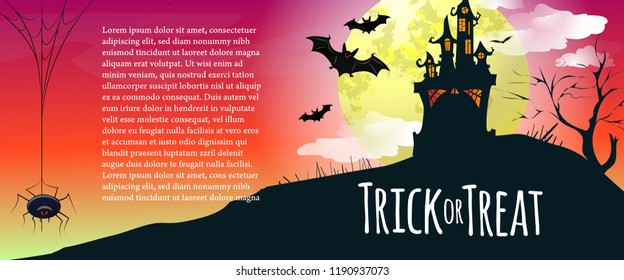 Trick or Treat lettering with sample text, castle and spider. Invitation or advertising design. Typed text, calligraphy. For leaflets, brochures, invitations, posters or banners.