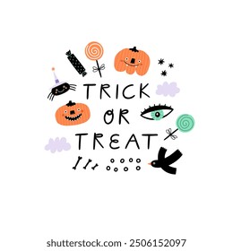 Señal de letras de truco o trato. Diseño de tarjeta de Halloween. Ilustración vectorial