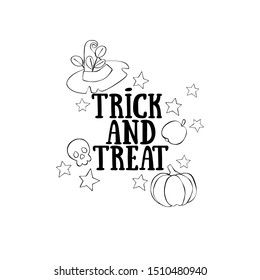 Trick and treat. Lettering. Witch hat. Pumpkin and apple. Skull. Stars. Isolated vector object on a white background.
