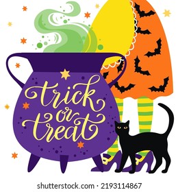 Trick or treat, lettering, witch legs, cat and pot, Halloween vector illustration, card, poster.