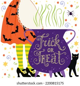 Trick or treat, lettering, witch legs, cat and pot, Halloween vector illustration, card, poster.