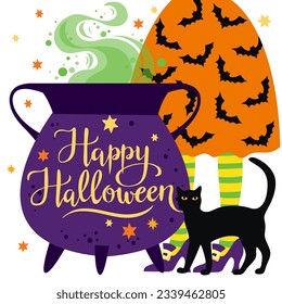 Trick or treat, lettering, witch legs, cat and pot, Halloween vector illustration, card, poster.