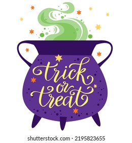 Trick or treat lettering witches pot, Halloween cartoon vector illustration for card and poster.