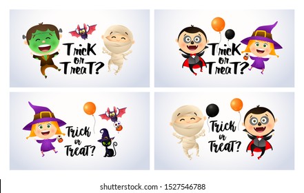 Trick or treat light banner set with monsters. Halloween, October, trick or treat. Lettering can be used for greeting cards, invitations, announcements
