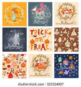 Trick or treat lovely holiday set in vector. 9 awesome halloween cards in bright colors. Stunning holiday collection 