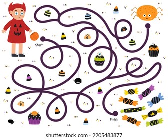 Trick or treat maze game for kids. Help a cute boy in devil costume find path to the sweets. Halloween puzzle for children. Labyrinth for school and preschool. Vector illustration