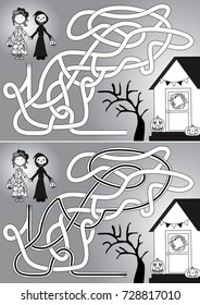 Trick or treat maze for kids with a solution in black and white
