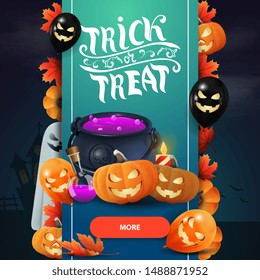 Trick or treat, modern square greeting postcard with witch's cauldron and pumpkin Jack. Greeting postcard in the form vertical ribbon with Halloween decor