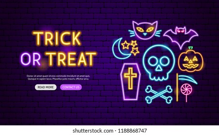 Trick or Treat Neon Banner Design. Vector Illustration of Halloween Promotion.