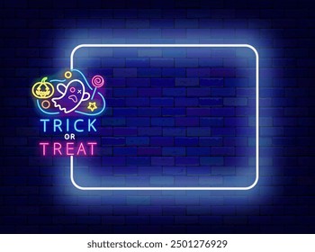 Trick or treat neon banner. Happy Halloween greeting card. Empty white frame and text, ghost with pumpkin. October holiday and season sale. Light advertising. Copy space. Vector stock illustration