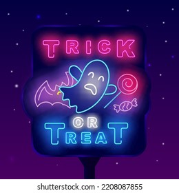 Trick or treat neon banner. Shiny street billboard. Happy Halloween celebration. Ghost icon with bat and candy. Party invitation. October advertising design. Season event. Vector stock illustration