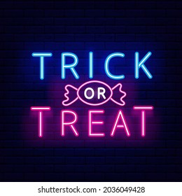 Trick or Treat neon inscription. Happy Halloween banner. Night bright signboard. Outer glowing effect banner for bar and club. Editable stroke. Isolated vector stock illustration