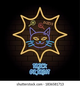 trick or treat neon light of cat head vector illustration design