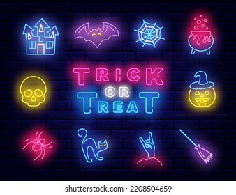 Trick or treat neon promotion. Bright icons collection. Pumpkin. skull and spider. Happy Halloween celebration. Potion and castle. Party invitation. October greeting card. Vector stock illustration