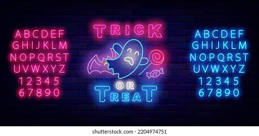 Trick or treat neon signboard. Luminous pink and blue alphabet. Happy Halloween celebration. Ghost icon. Party invitation. October greeting card design. Season event. Vector stock illustration