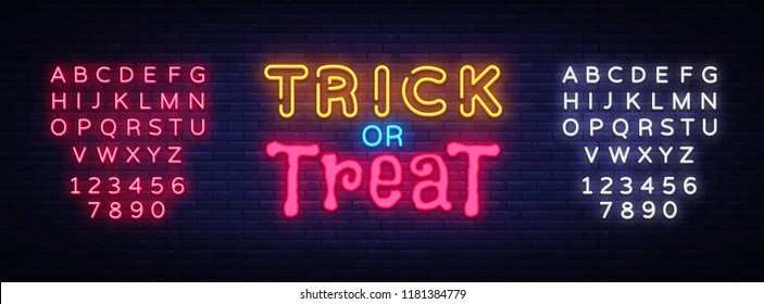 Trick or Treat neon text vector design template. Trick or Treat neon logo, light banner design element colorful modern design trend, night advertising, bright sign. Vector. Editing text neon sign