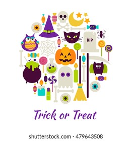 Trick or Treat Objects over White. Vector Illustration of Halloween isolated Items Set.