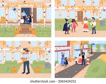 Trick or treat on Halloween flat color vector illustration set. Kids go to trick or treat. Autumn holiday celebration. People in costumes 2D cartoon characters with outdoors on background collection