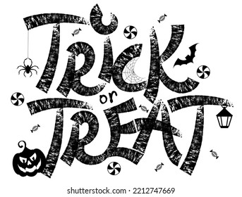 Trick or treat paint drawn lettering. Halloween decoration. Jelly, candy and lollipop. Background for Halloween party and sale holiday design.