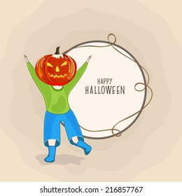 Trick or Treat party concept with little boy in angry pumpkin mask on brown background and space for your text.