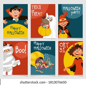 Trick or treat party, dad, mom, kids and dog in Halloween costumes. Set of vector greeting cards in vintage cartoon style.