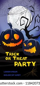 Trick or Treat Party lettering. Jack o lanterns, cobweb and tree in moonlight. Holiday event invitation. Halloween concept. Vector illustration can be used for posters, flyers, banners
