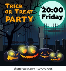 Trick or Treat Party lettering with pumpkins and cemetery. Invitation or advertising design. Typed text, calligraphy. For leaflets, brochures, invitations, posters or banners.