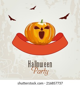 Trick or Treat party poster, banner or banner with scary pumpkin, flying bats on grungy grey background for Halloween party night. 